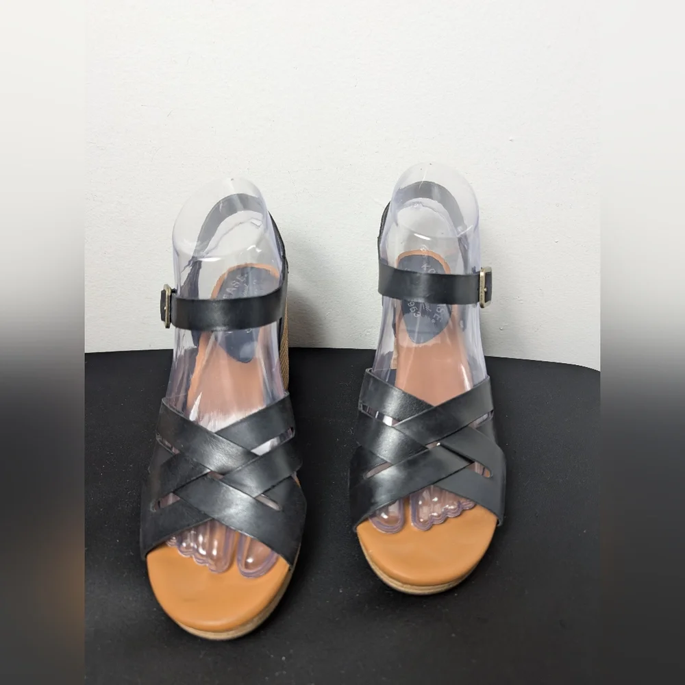 Kork Ease Heel Sandals Hutton Black Cross Strappy Leather Chunky Block Sz 7 - Picture 3 of 14